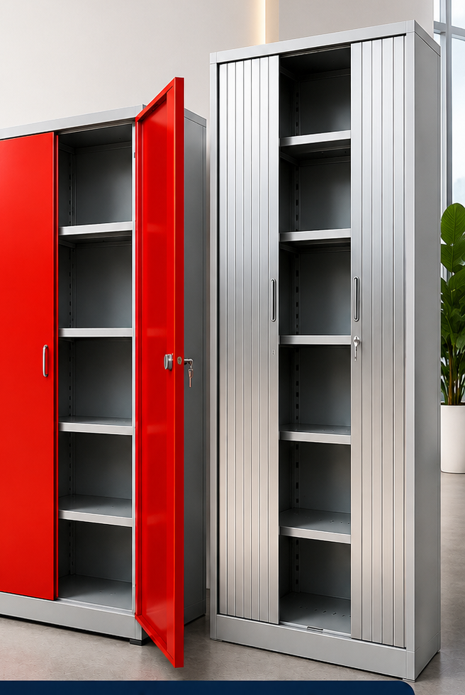 Armario metálico rojo y gris con entrepaños regulables